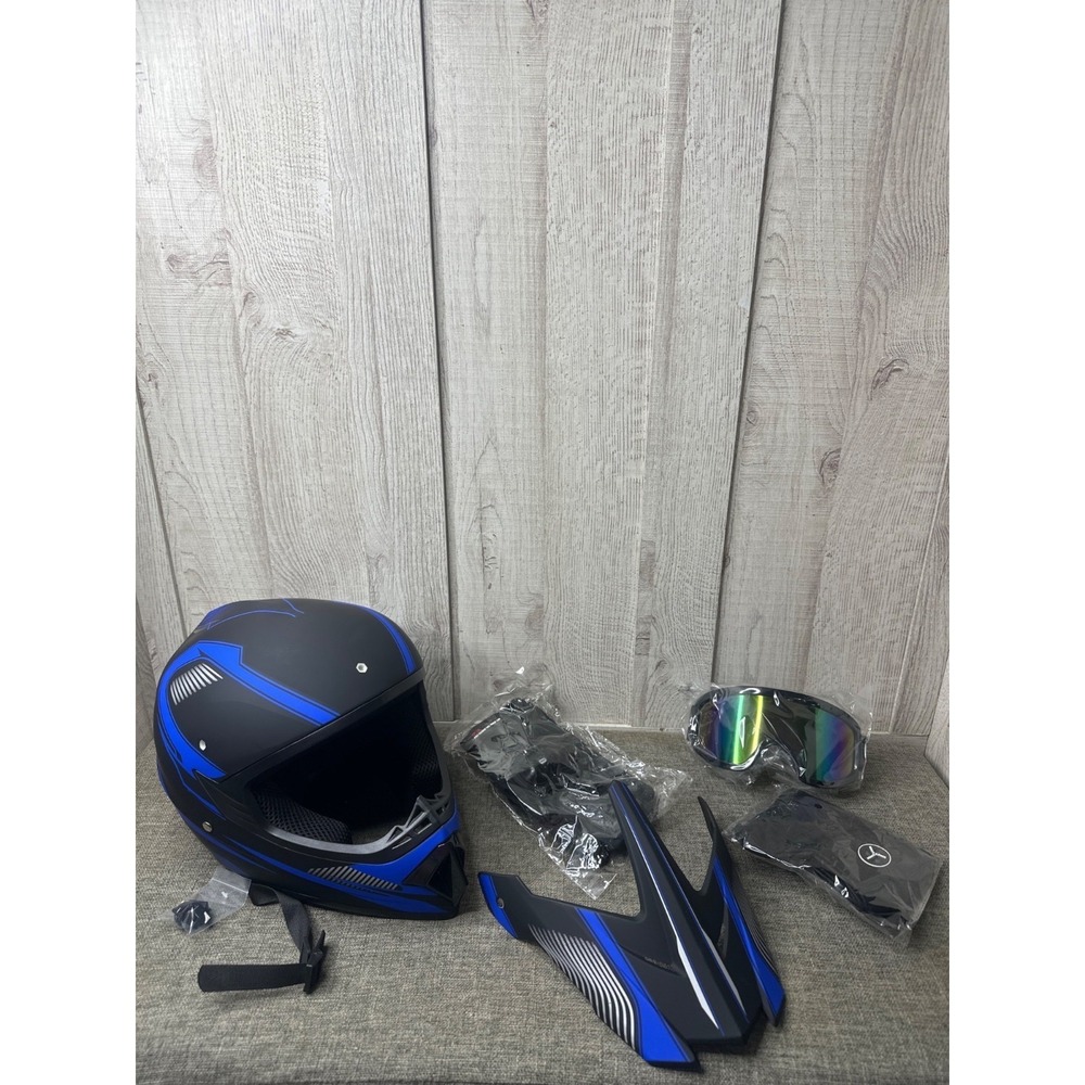 Dirt Bike Helmet Matte Black Blue Dot Certified Youth M w/ Gloves Goggles & Mask